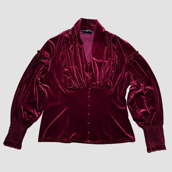Scarlet Darkness Red Velvet Victorian Lantern Sleeve Button Down Blouse Sz 2XL - Picture 6 of 11